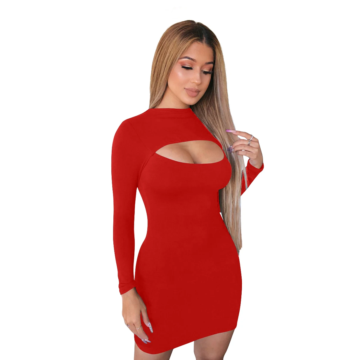 New Design Long Sleeve Front Cut Out Open Chest Bodycon Casual Mini Sexy Party Club Dress for Women