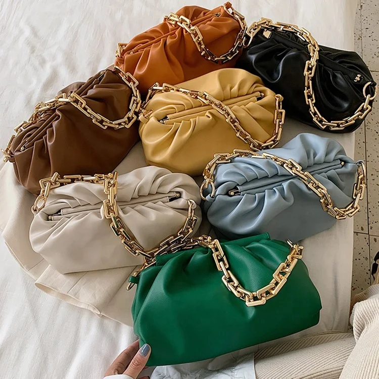 

2021 Fashion Elegant Underarm Single Shoulder Bags Solid Color Matte PU Purse Cloud Pleated Handbag with thick gold chains