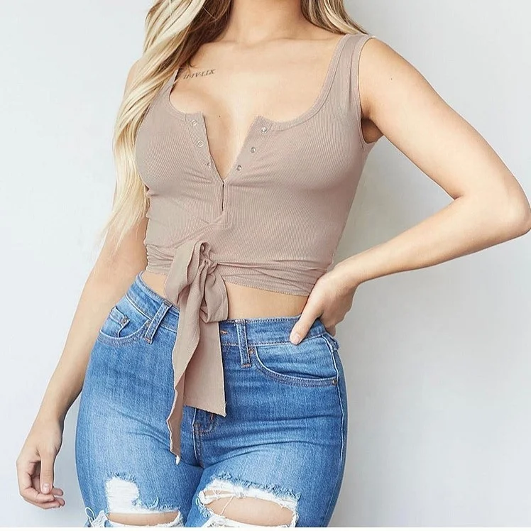 

Hot Selling Button Casual Halter Fitted Cute Black Crop Tops T Shirt, Black/pink/khaki