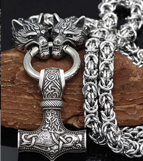 

Nordic Vintage Viking Jewelry Wolf Head Hammer Pendant Stainless Steel Necklace for Men