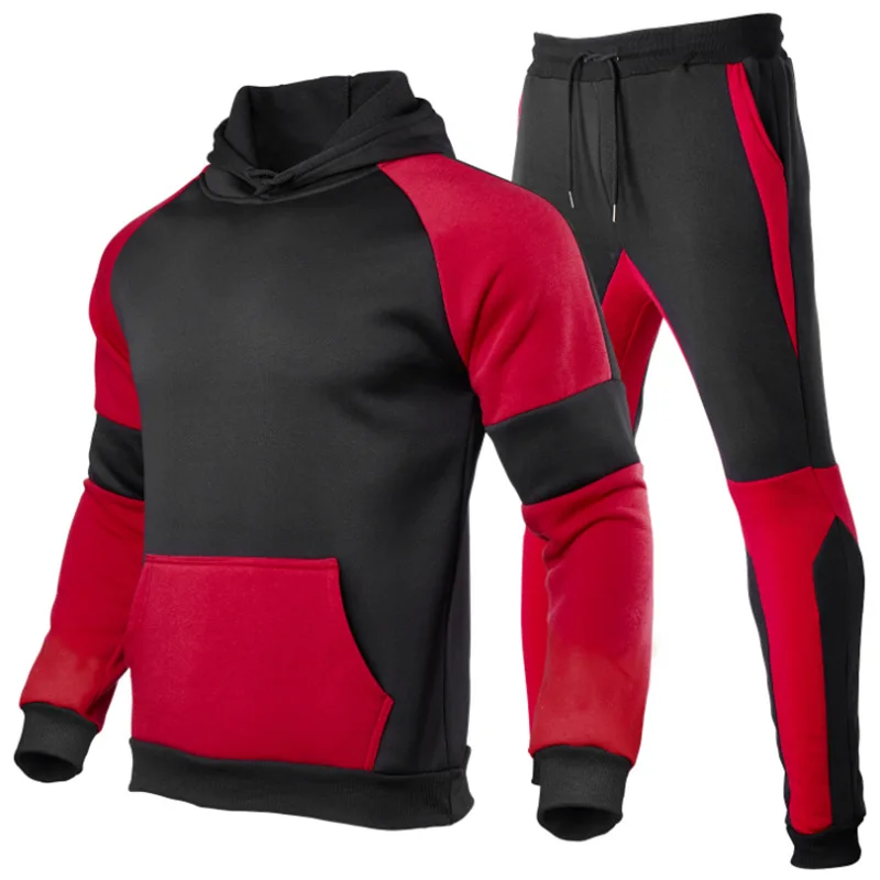 

2021 new men's plus-size color patchwork sweatshirt fleece suit with hat, Picture
