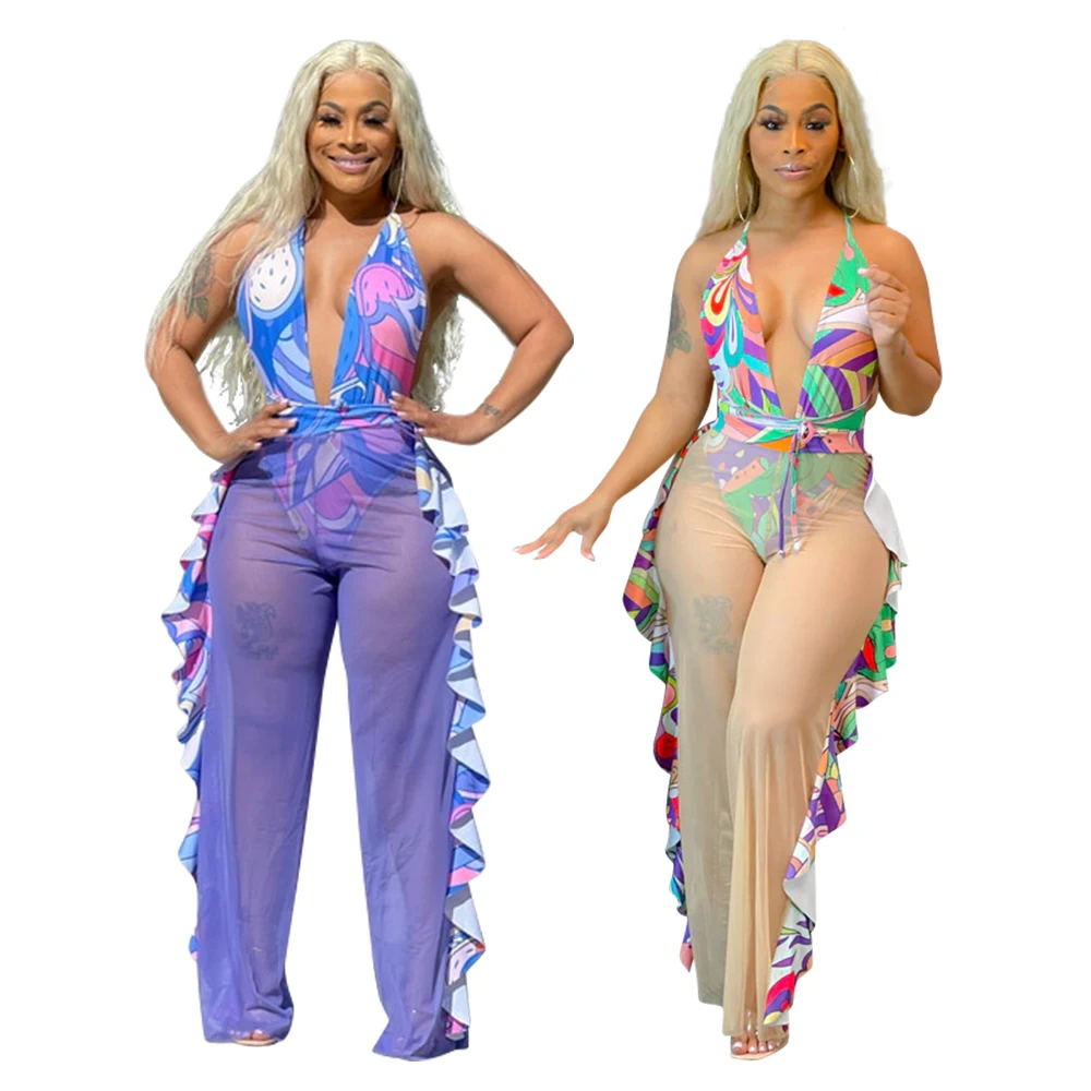 

Sexy Perspective Trousers Outfits Deep v neck wide-leg backless sleeveless floral printed pants Plus Size Pants & Jeans