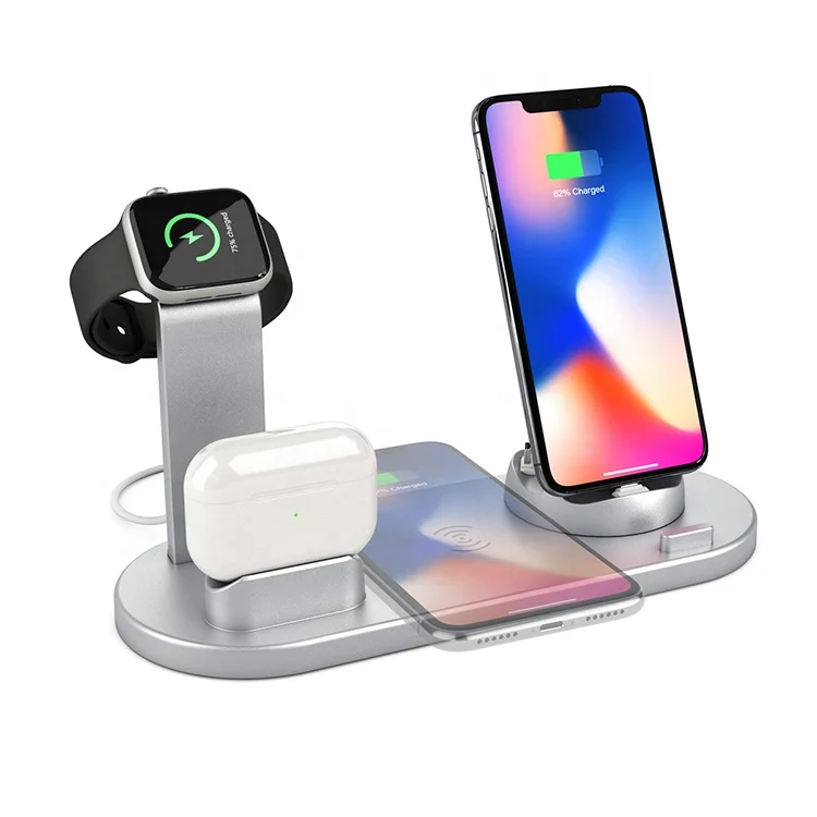

Qi Certified Sublimation Eco 10w Fast Type c 4 in 1 Wireless Charger Stand Receiver For Different Phones, Black white sliver