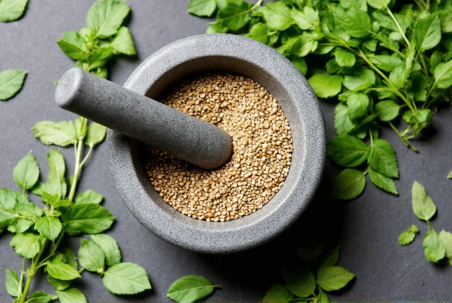 Coriander seeds in mortar with pestle surrounded by fresh leaves