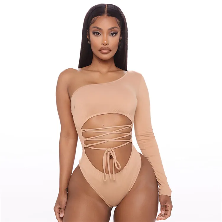 

Solid Color One Shoulder Sexy Bodysuits Women One Piece Womens Bodysuit Belly Hollow Out Bandage Bodysuit