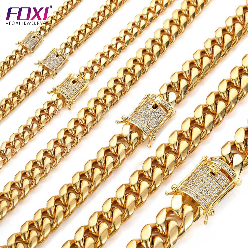 

FOXI jewelry 18K Gold Plated Stainless Steel Thick Cuban Chain Miami Chain Choker Necklace