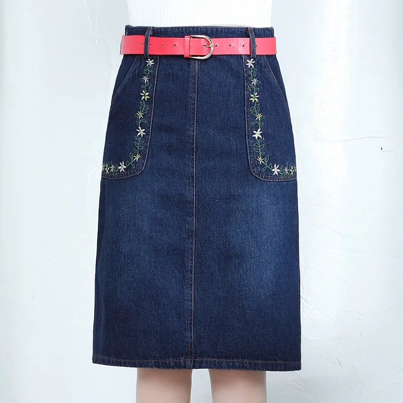 

B60664A Blue embroidered denim skirt with wash high waist and slit skirt