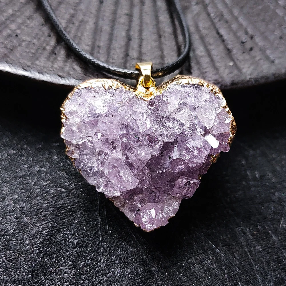 

Natural Stone Crystal Folk Crafts Amethyst Cluster Heart Gold Plated Charm Pendant Raw Gemstone Necklace