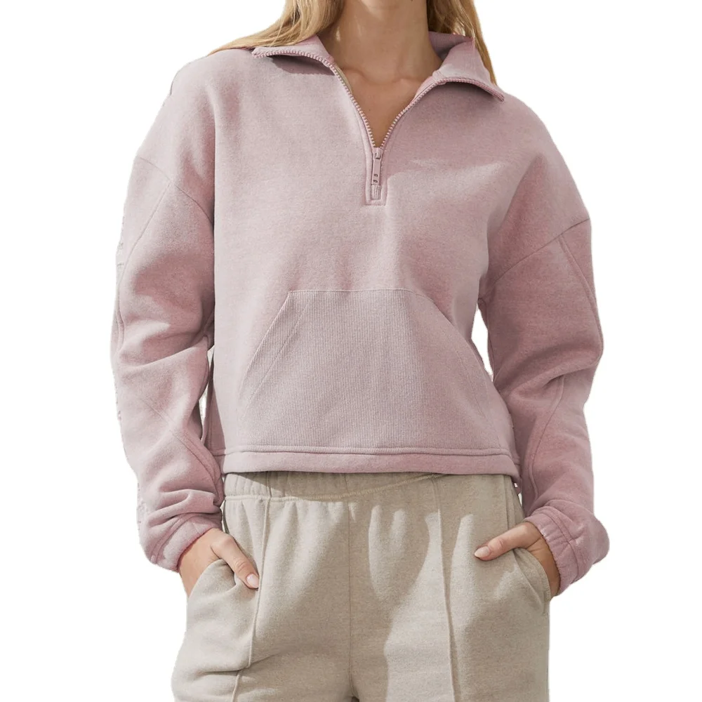 

1/4 zipper fleece Turn-down Collar pullover short sweatshirt women's casual knitted long-sleeved pullover