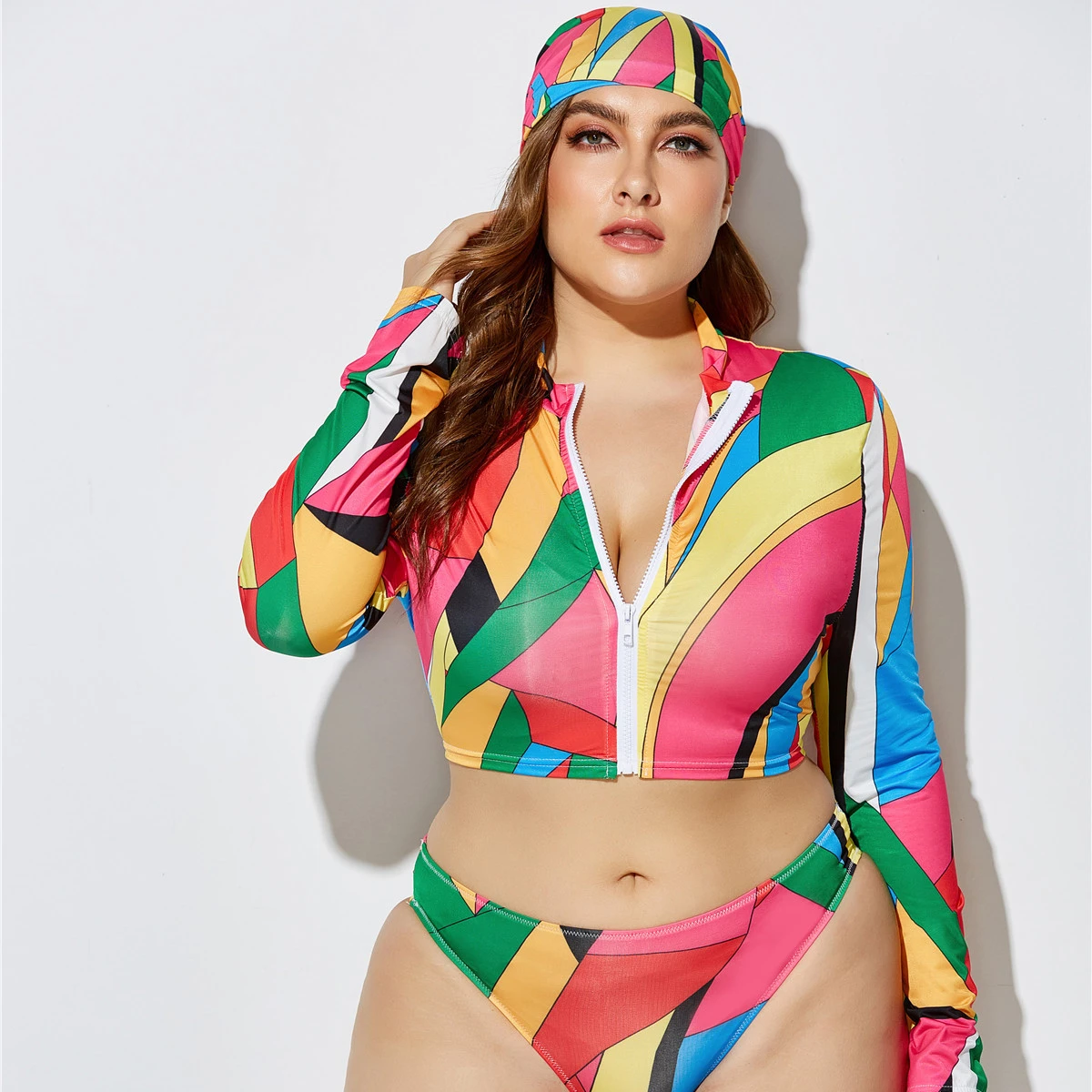 

Ladies Plus Size Long Sleeve Thong Swimwear with Hat For Chubby