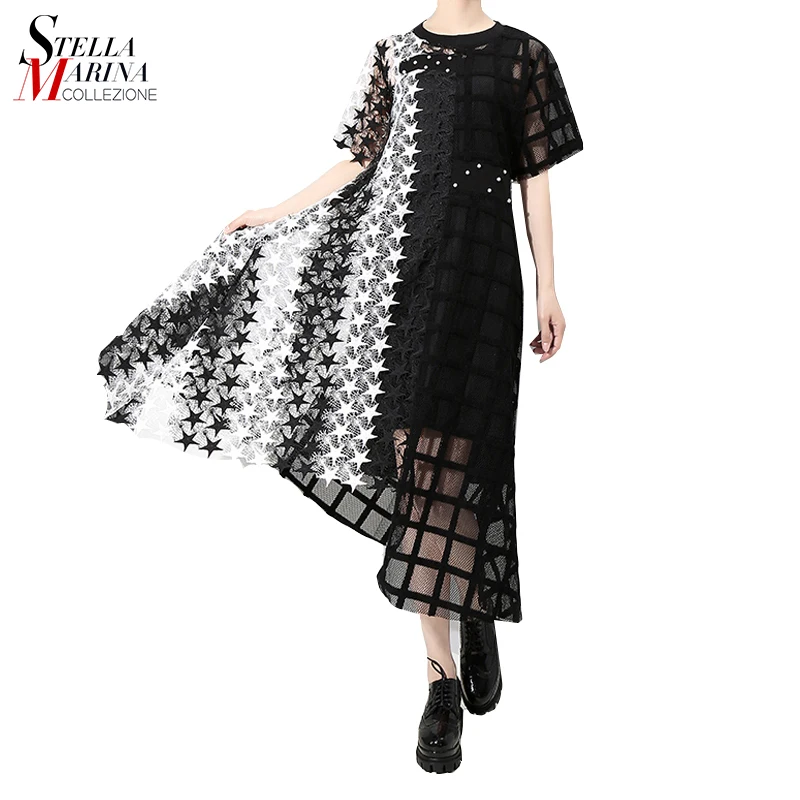 

2019 Women Summer Long Black White Lace Dress Hollow Out Girls Evening Night Party Sexy Club Asymmetrical Dress Party Robe Femme
