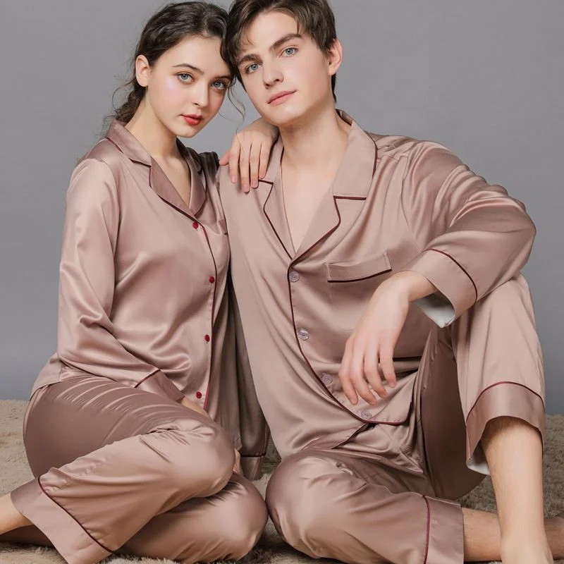 

New Spring And Autumn Couple Silk Pajamas Female Autumn Ice Silk Men'S Pijamas Women'S Sleepwear Home Wear