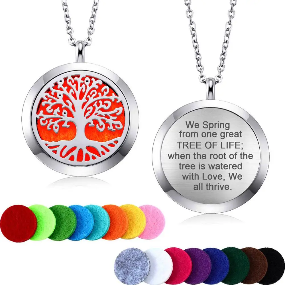 

Aroma Diffuser Necklace Stainless Steel Aromatherapy Essential Oil Locket Perfume Pendant Tree of Life in Silver Tone