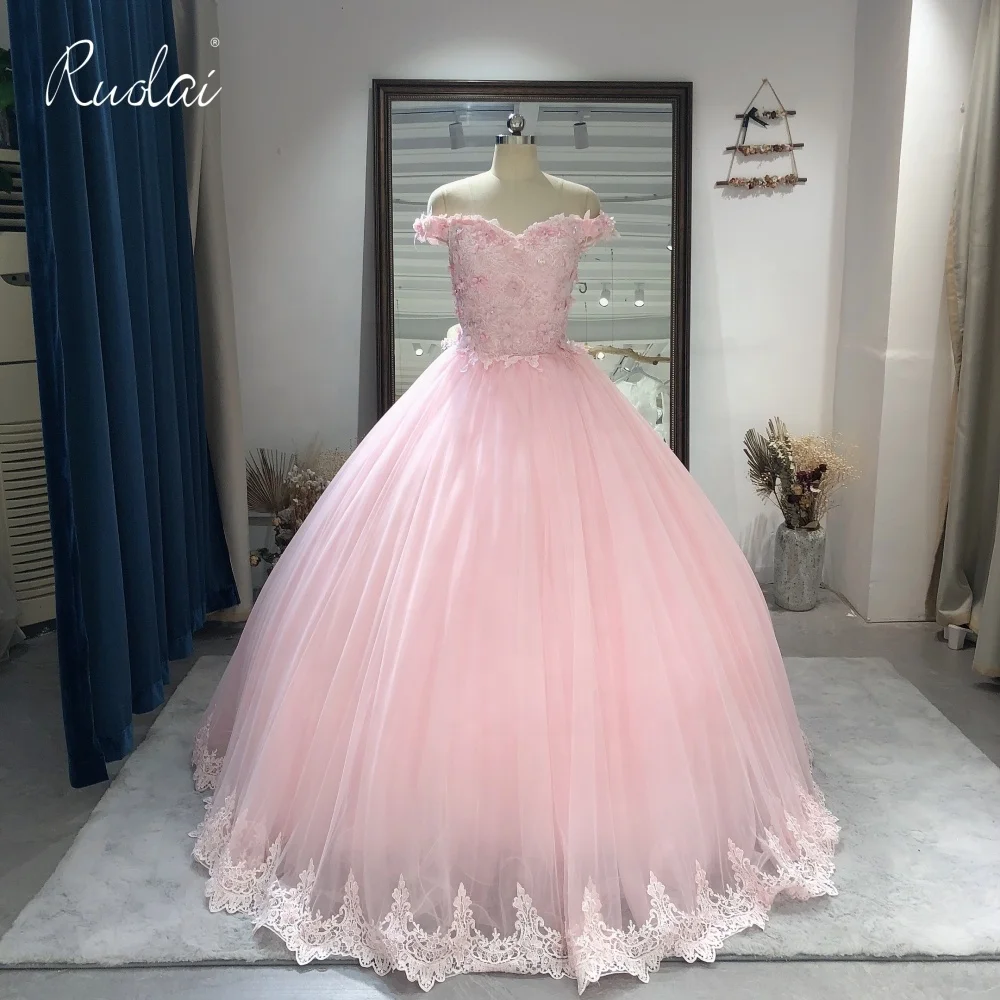 

ASQ012 Princess 3D flowers Ball Gown Prom Birthday Party Dress Pink Off Shoulder Quinceanera Dress, As the picture or customized