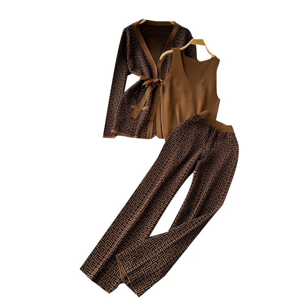 

Fashion Casual Women's Suit Shawl Jacket V-neck Bottom Knit Shirt Wide Leg Pants Three Piece Set Clothes Women