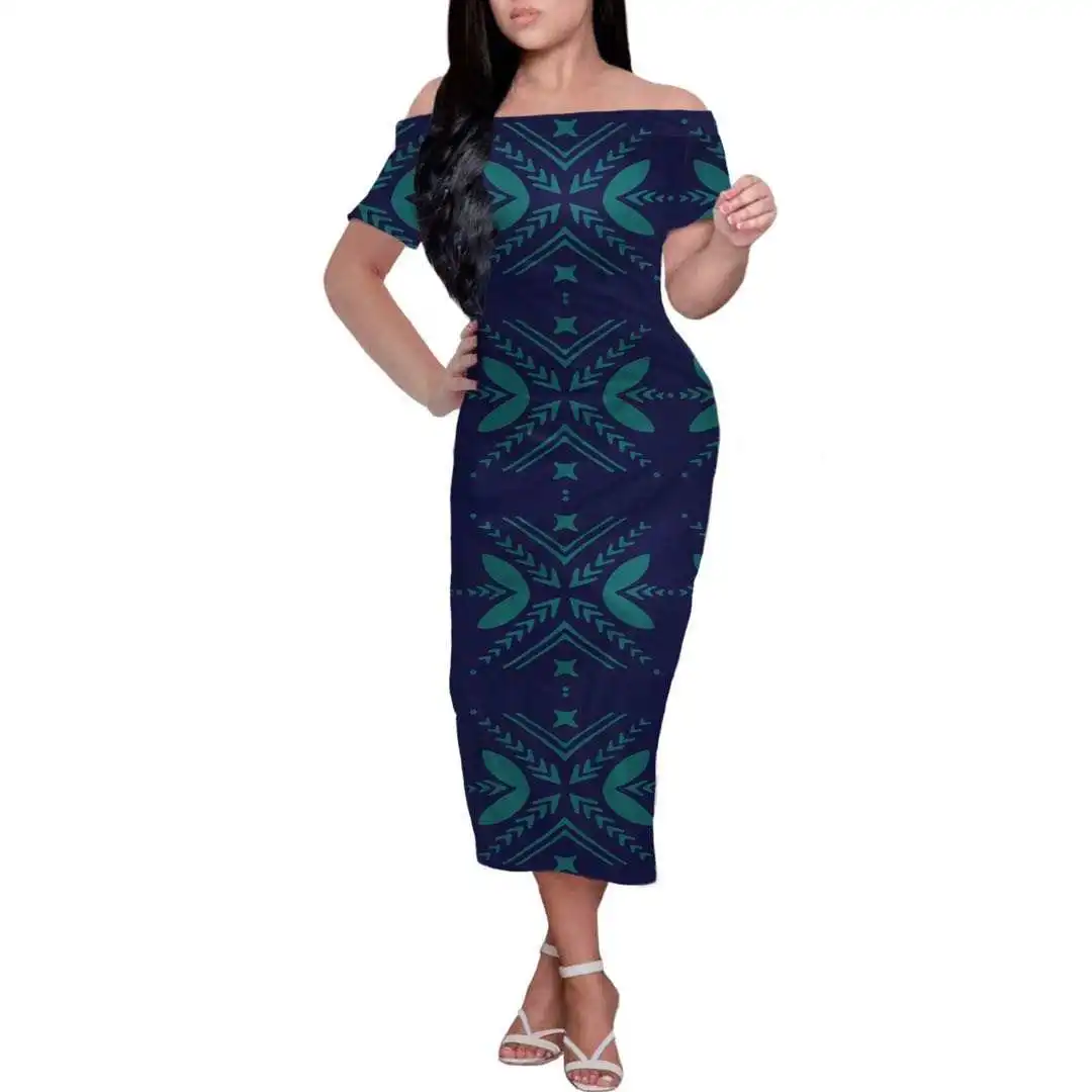 

Summer Polynesian Samoan Tribal Design Custom Big Size 4XL Women Strapless Off Shoulder Short Sleeve Knee Length Ladies Dress, Customized color