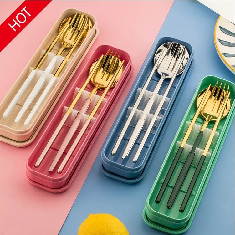 

Picnic portable portugal stainless steel white gold cutlery flatware set with colored handle in boxes, Silver / gold / white gold / green gold / pink gold / black gold