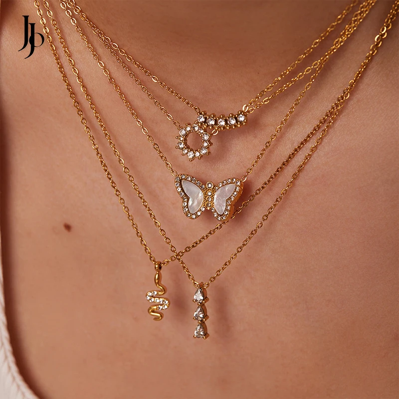 

JOJO Fashion 18K gold plated stainless steel heart butterfly necklace set Dainty zirconia fashion necklace statement jewelry