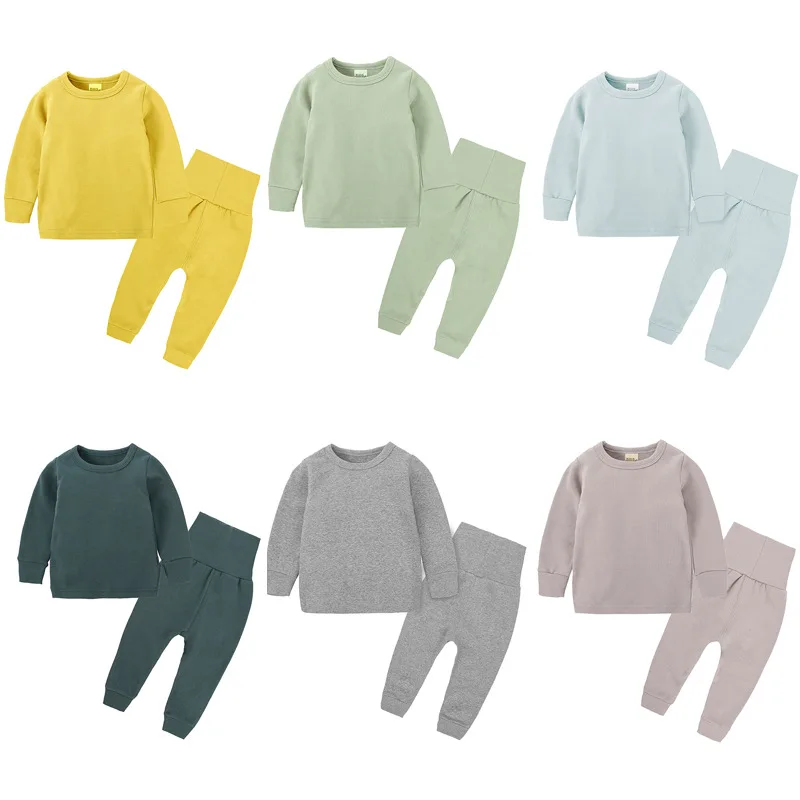 

Spring Fall 2pcs set Boys Girls Solid Knit Tops Pants Outfits Sleepwear Kids Clothes 2pcs Outfit Tracksuit Pajamas