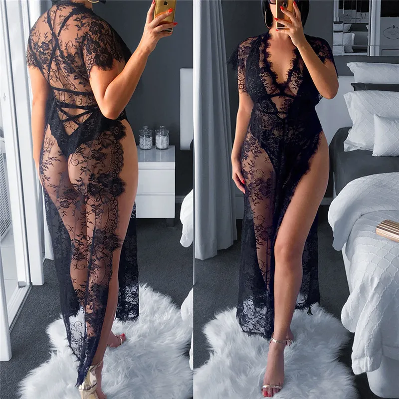 

1PC Women Sexy Maxi Lace Split Black See Through Dress V Neck Sexy Robe Lingerie