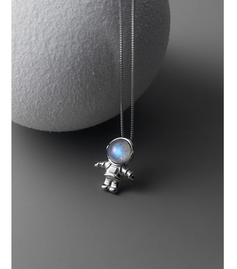 Unique Design S925 Sterling Silver Moonstone Astronaut Charm Choker Necklace Women D9334