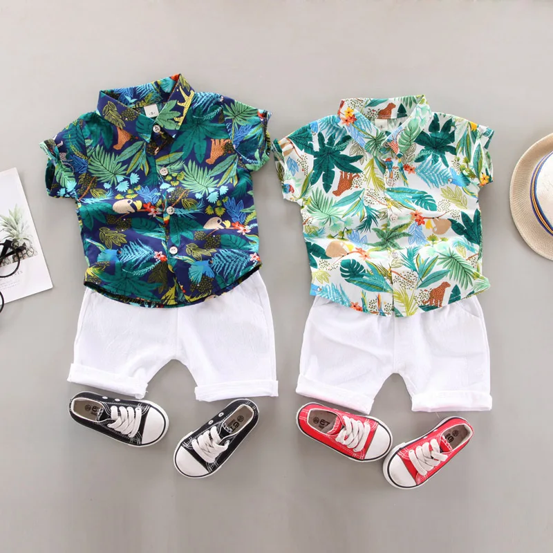 

2021 Amazon Summer Children Wear Floral Print Short Sleeve Shirt Collar Tops Shorts 2Pcs Suit Kids Boys Clothes Sets