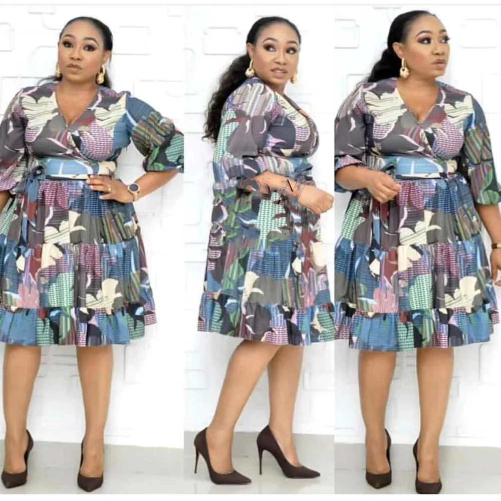 

african Hot Selling plus size women clothing V-neck half-sleeve big hem print stitching dress, Shown