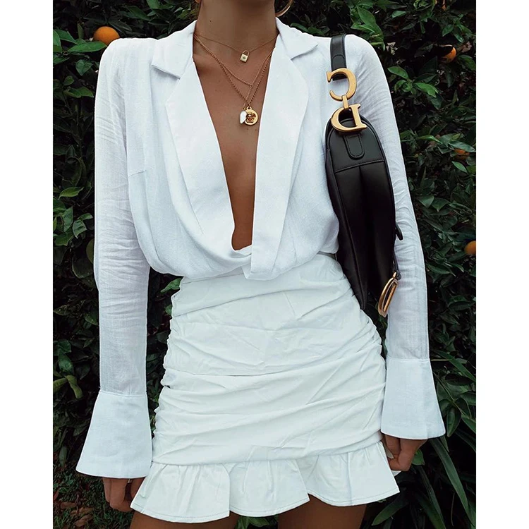 Deep V Neck Flare Sleeve Solid Fitted Bodycon Dress