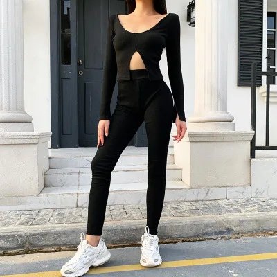 

2020 Latest Collection Casual Fashionable Yoga Pure Color Deep V Neck Long Sleeves Two Piece Set Women Clothing