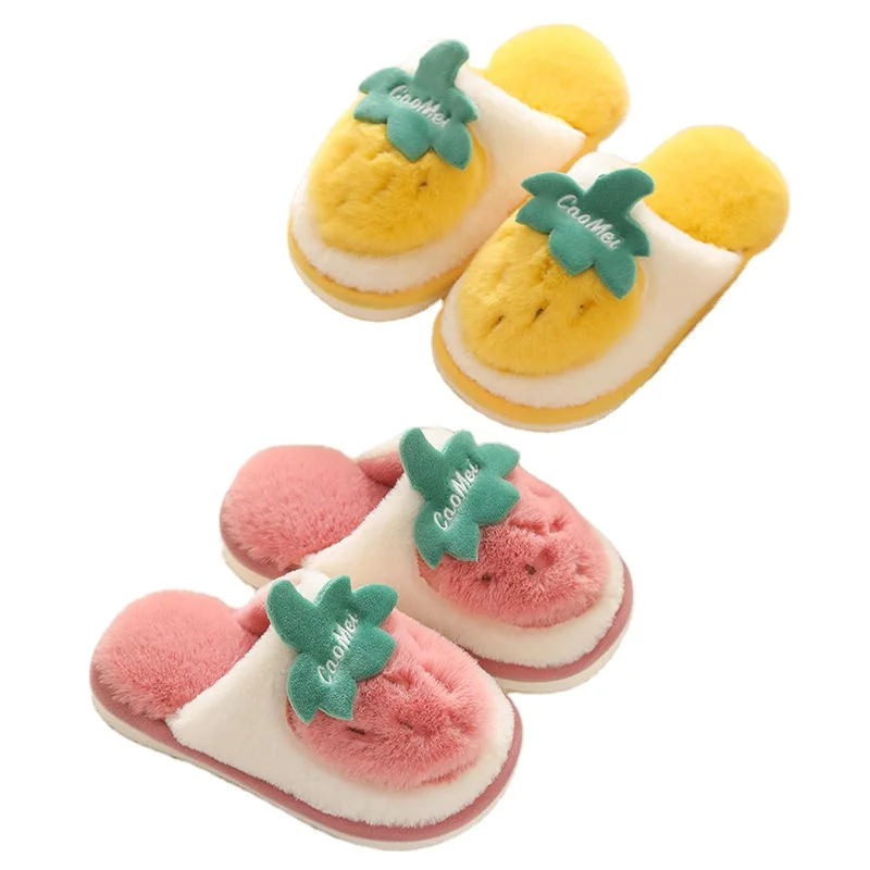 

Candy Color Strawberry Plush Indoor Shoes For Boys Girls Soft Warm Non-slip Winter Fur Slides For Girl Slippers