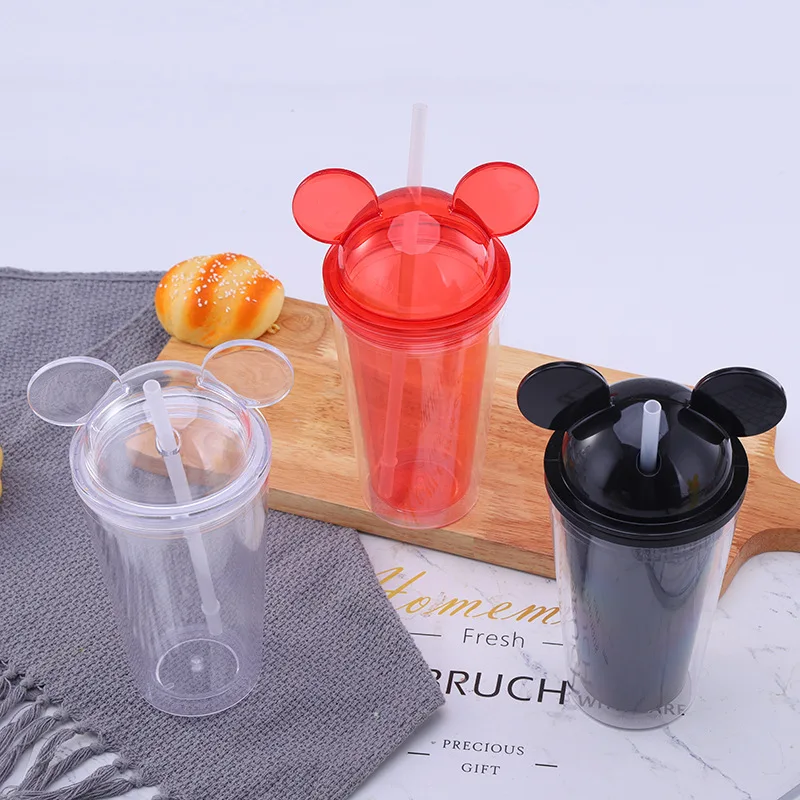 

16oz 2021 latest style PS Acrylic Mouse Ear Clear Cups Acrylic Mickey Tumbler with Straw and Dome Lid, White/black/yellow/red