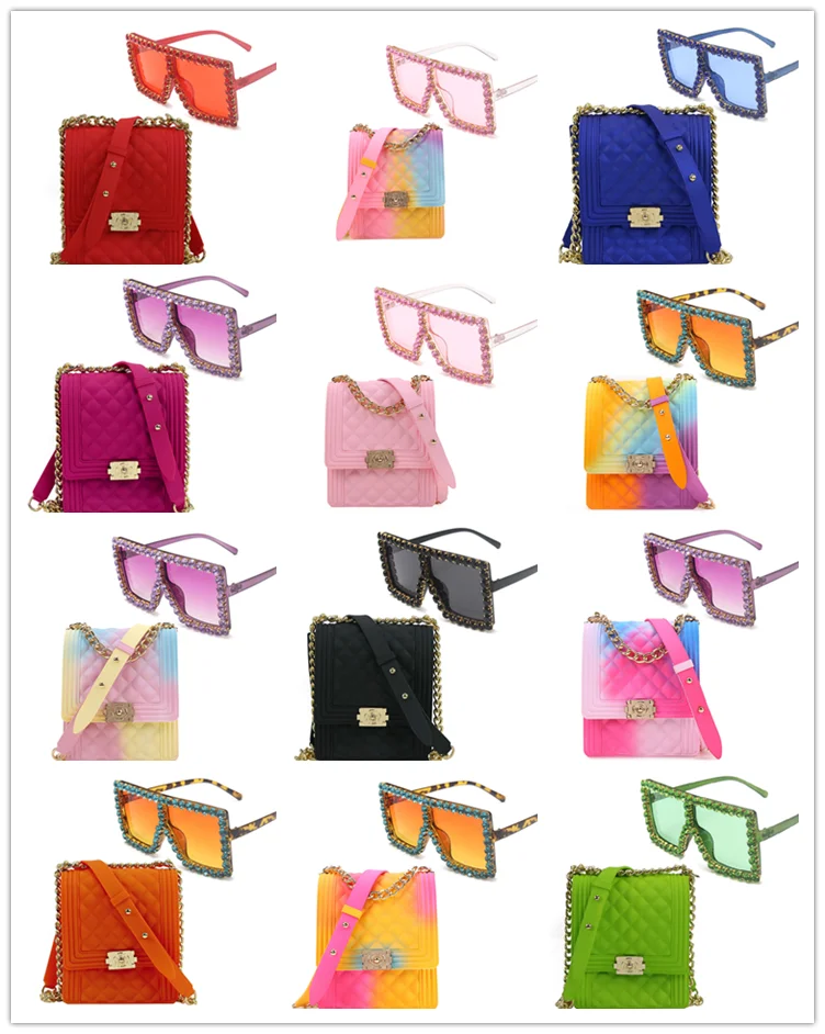 

Colorful glasses Fashion Summer Colorful Candy Jelly Purse Ladies Purses and Sun glasses Set Handbag for Women shoulder Bags, Customizable