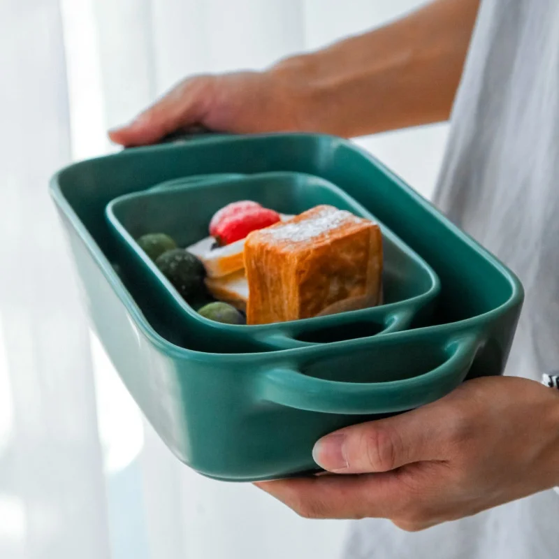 

Rectangle Ceramic Baking Dishes Double Handles Pasta Salad Plate Microwave Baking Pan Ceramic Oven Tray, As pictures