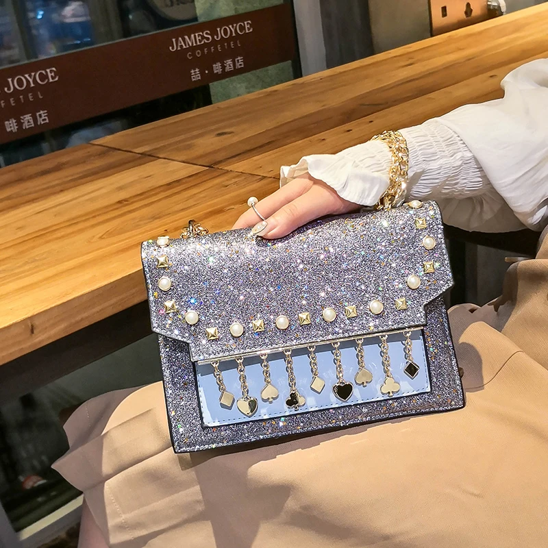 

Cute Handbags Tassel Design Party Shoulder Strap Bag Pearl Rivet Bling Women Female Little Glitter Purse Hand Bags, Colored