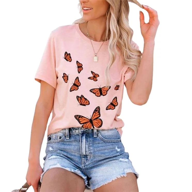 

New Fashion Short Sleeve Top Butterfly Pattern Ladies Casual T-shirt