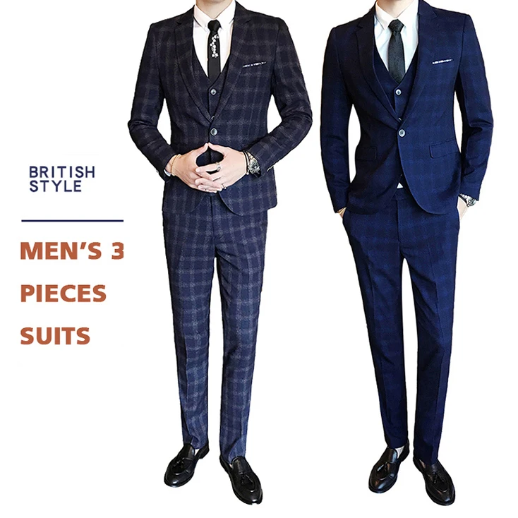 

Men's 3-Piece Classic Fit One Button Office Dress Checked Suit Jacket Blazer & Pleated Pants Set, Blue / khaki