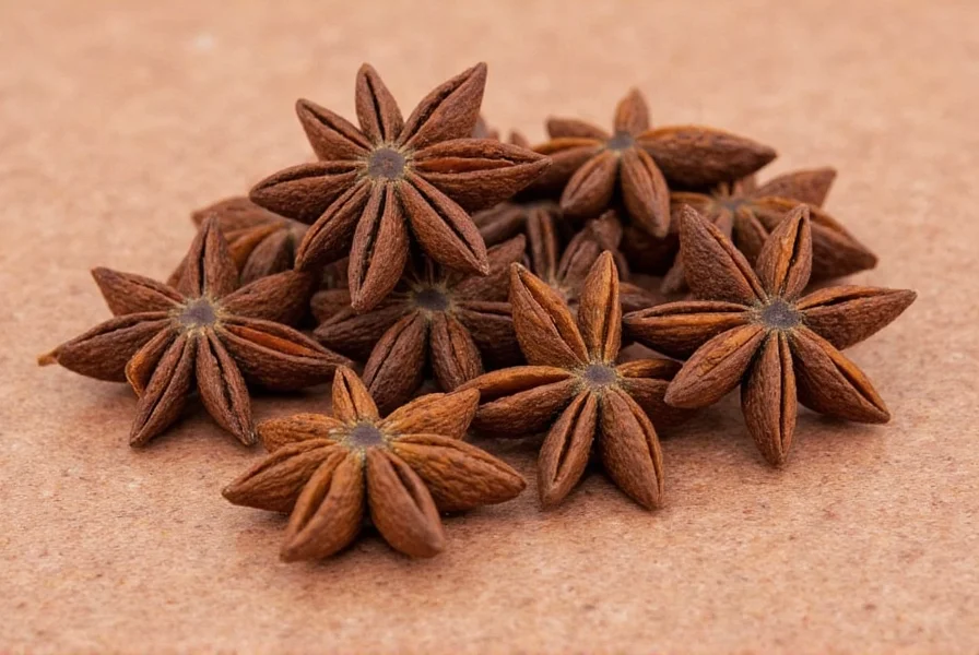 Star anise stored in glass spice jars with measuring spoons