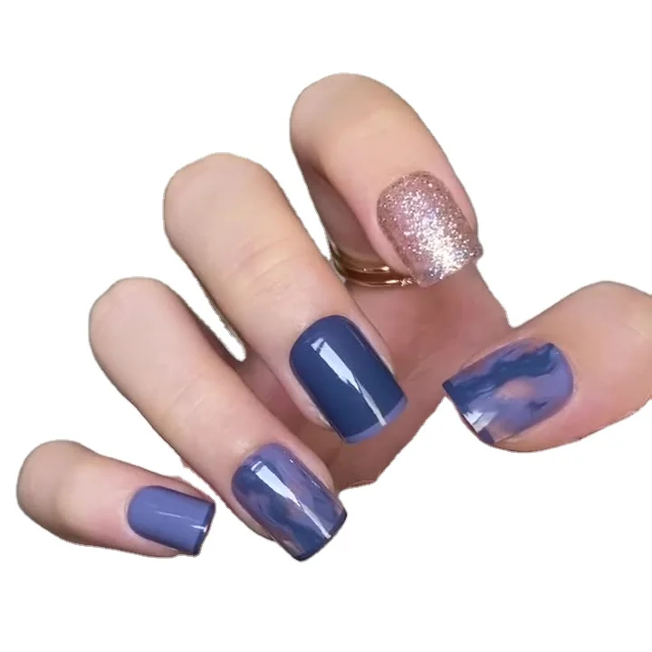 

2022 NEW Design 24pcs Luxury nail gradient haze blue color fake nails short press on nails amazon artificialnails