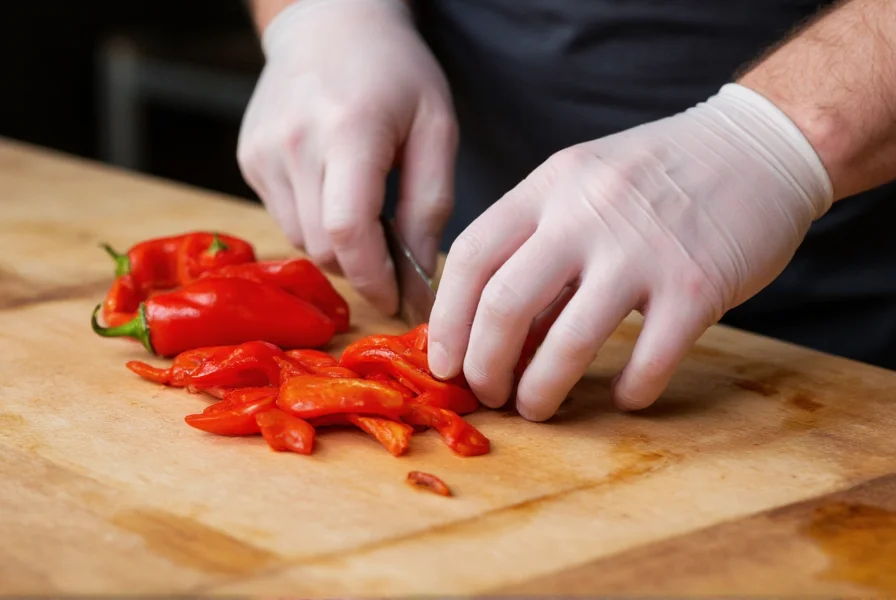 Professional chef wearing gloves while carefully slicing red habanero peppers on a cutting board