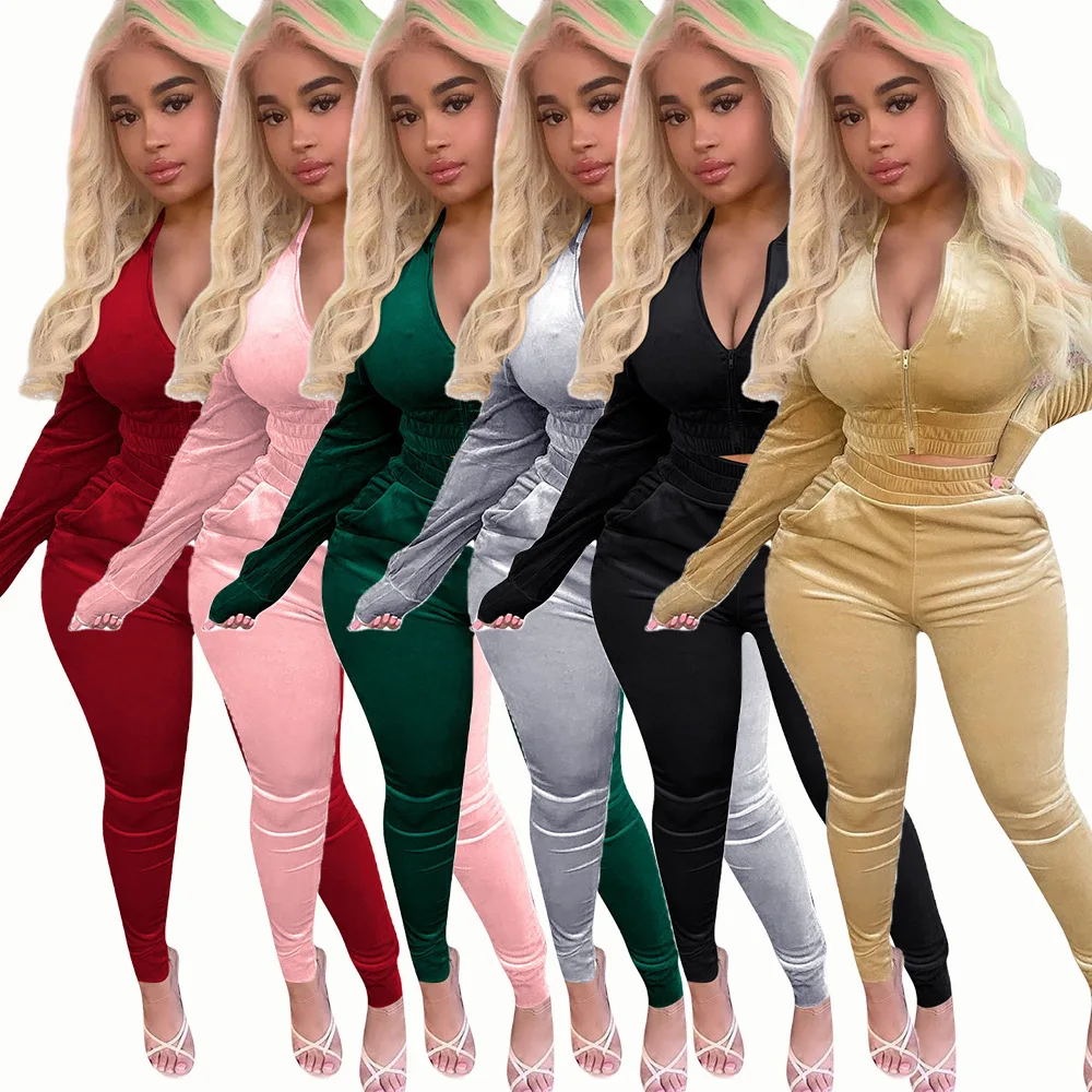 

Autumn 2021 Women Trend Clothing Stacked Sweatpants 2 Piece Velour Tracksuit Joggers Outfits Velvet Two Piece Pants Set