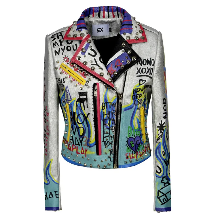 

High quality Leather jacket Punk rock graffiti rive PU Leather motorcycle jackets for women 2021