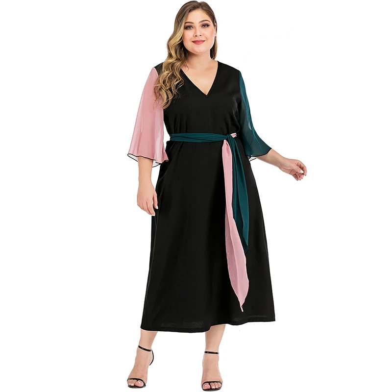 

New arrives 2021 hot sale fashion contrast color V neck party long stylish sexy dress