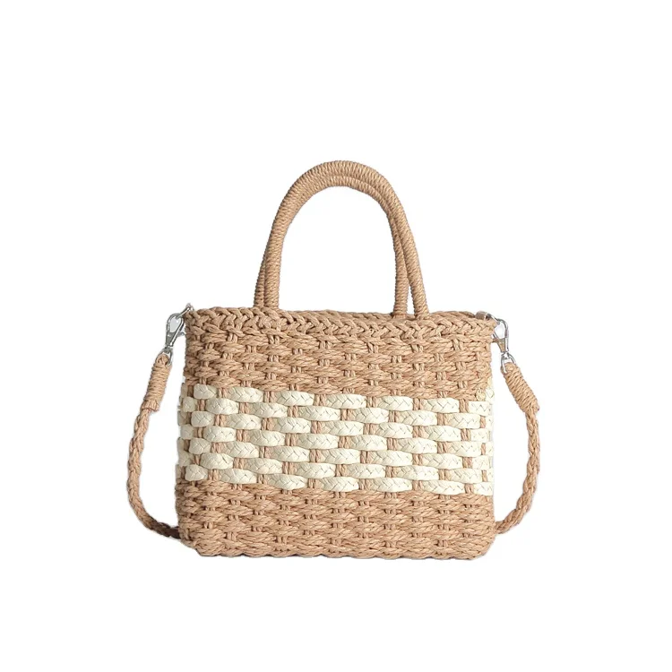 

Wholesale girls fashion color contrast straw beach bag ladies purse square designer handbags, Customizable