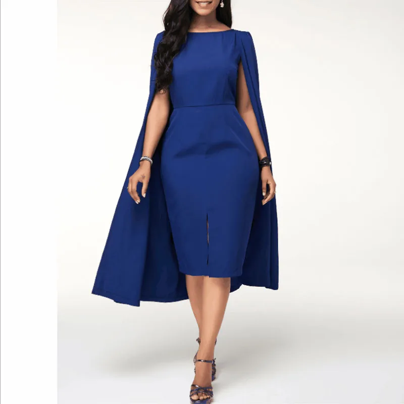 

Women's Solid Color Round Neck Cloak Split Solid Color Bag Hip Professional Pencil Dress