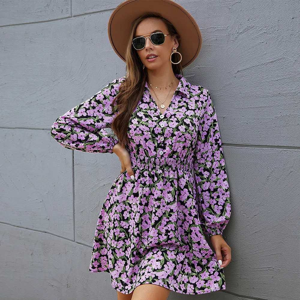 

2021 casual fall lady flora printed dresses long sleeve women dress, Yellow,purple