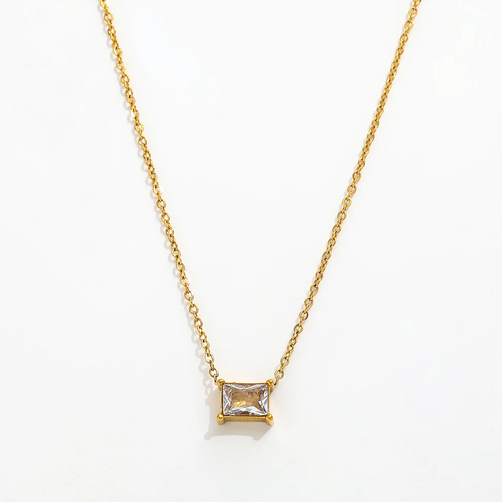 Joolim 18K Gold Plated Jewelry Square Zirconia Pendant Dainty Chain Necklace Stainless Steel Jewelry