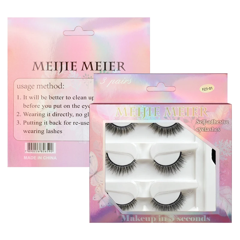 

OA 30 days self adhesive glue free 3 pairs eyelash fashion handmade faux mink eyelashes natural curling full strip lashes case, Customized color