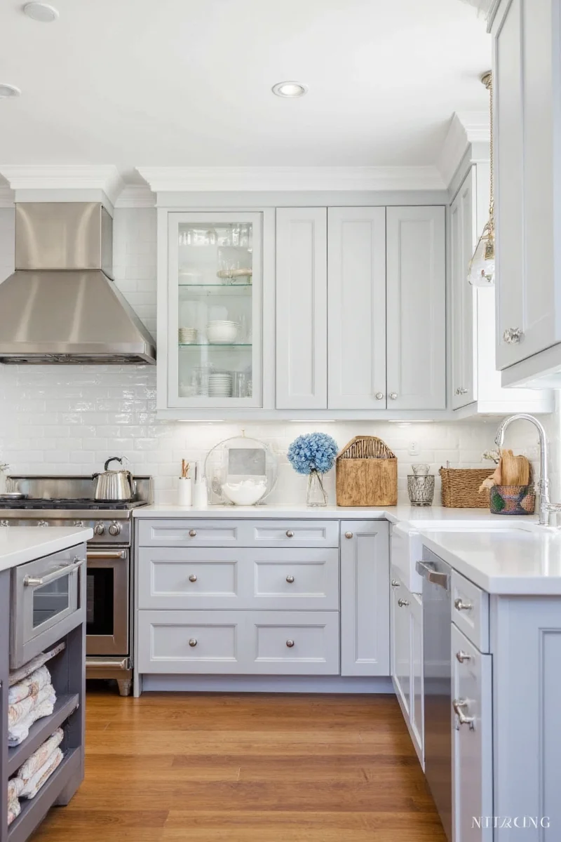 Grey kitchen drawers with colorful and whimsical hardware