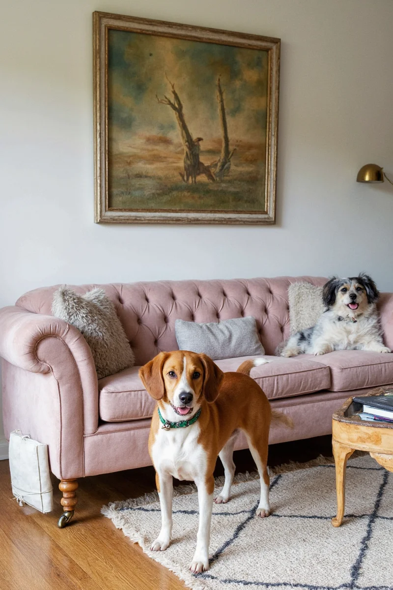Entryway after adding a pair of Staffordshire dogs on a console table with a mirror above.