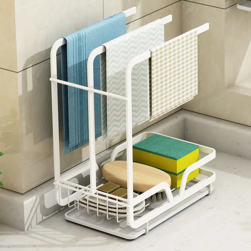 

E122 Wall Mounted Kitchen Sink Corner Cleaning Tools Drying Rack Towel Brushes Carbon Steel Standing Type Drain Shelf Racks, White, black